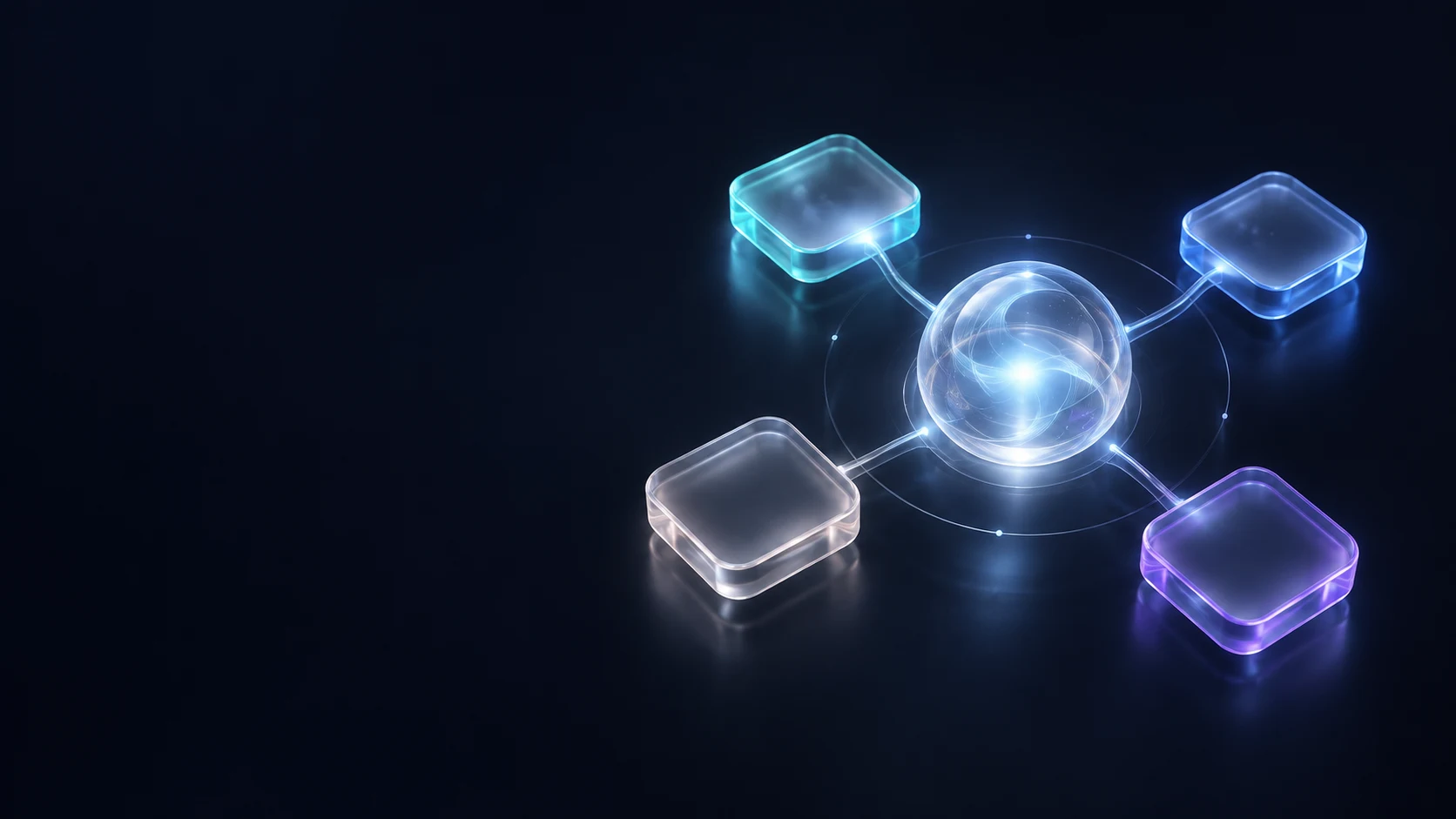 Four glass modules connected around a luminous core, representing Inori's coordinated AI agents